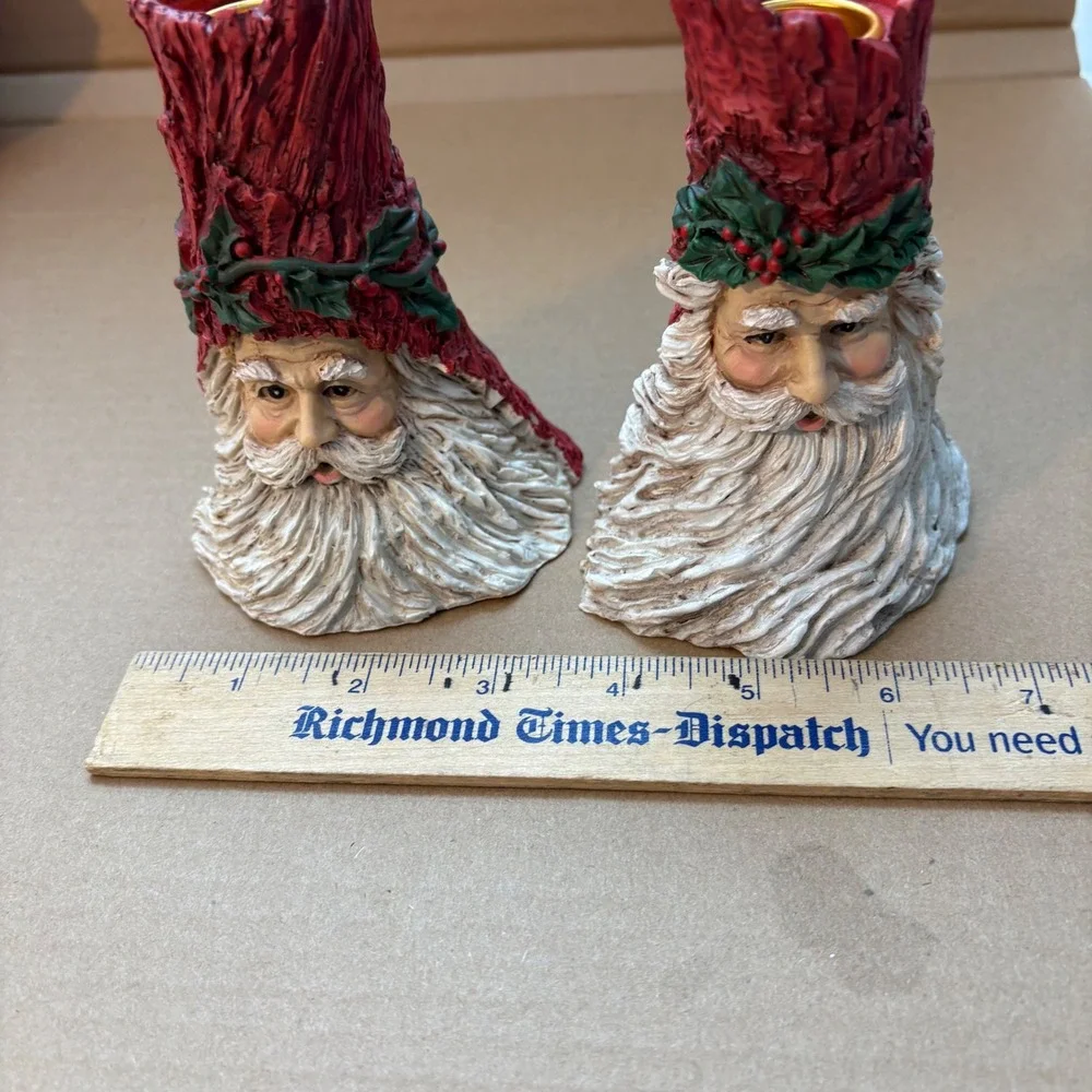 Vintage Set of 2 Santa Claus Face Tree‎ Trunk Candlestick Holders Red Holly
